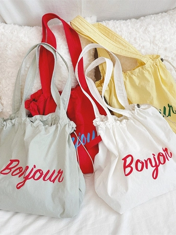 Borsa A Tracolla Con Coulisse Tela Stampa Lettere Grande Capacità Leggera Tote Bag Casual Donna