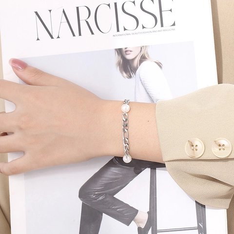 Pulsera De Acero Inoxidable Con Perlas Artificiales Cadena Figaro Ajustable Estilo Dulce Para Mujeres Joyas Elegantes