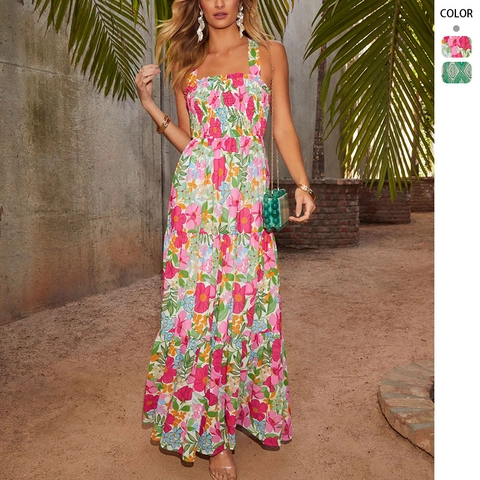 Women Floral Print Maxi Dress Polyester Sleeveless Smocked Tiered Backless Summer Beach Vacation Bohemian