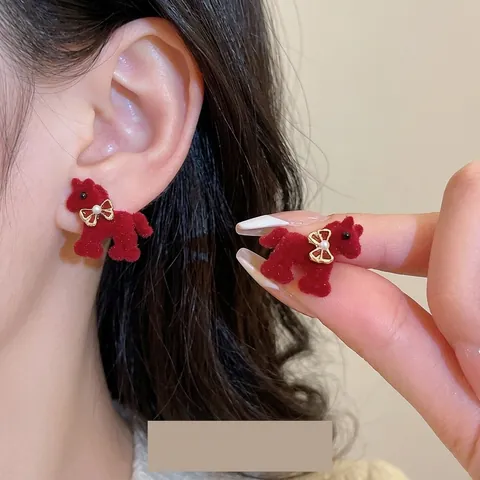 Red Flocked Pony Stud Earrings With Golden Bowknot And Faux Artificial Pearl Silver Earring Post Vintage For Women