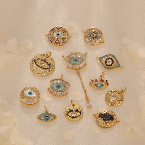 Evil Eye Pendants For Jewelry Making Copper Gold Plated With Zircon Shell Round Plate Charms For Necklace Bracelet DIY
