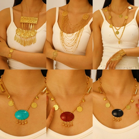Juego de Joyas Étnicas Retro de Aleación de Oro con Diamantes de Imitación Collar Pulsera Cadena de Mano Cadena de Cintura Bohemio Moneda Flecos para Mujer