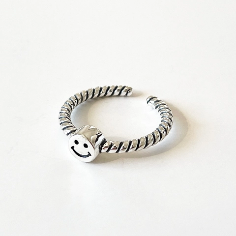 925 Sterling Silber Smiley Gesicht Ring Für Frauen Retro Antik Gedrehtes Seil Verstellbarer Offener Fingerschmuck