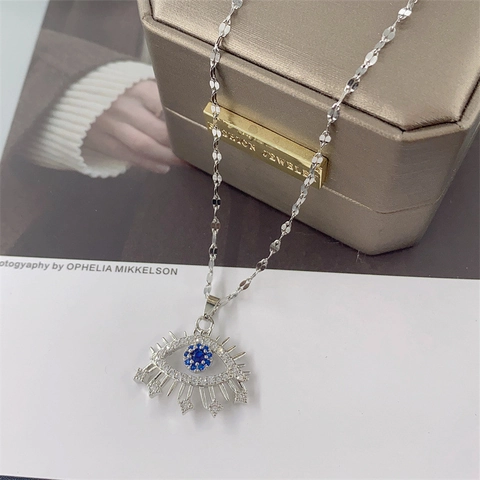 Evil Eye Pendant Necklace Titanium Steel Micro Inlaid Zircon Blue Stone Radiating Eyelashes Jewelry For Women