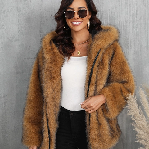 Cappotto In Pelliccia Sintetica Da Donna Giacca Con Cappuccio Zip Spesso Caldo Tinta Unita Manica Lunga Casual