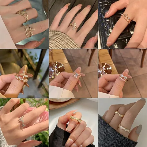 Fashion Zircon Adjustable Open Rings Alloy Butterfly Snake Flower Layered Statement Jewelry For Women