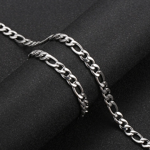 Stainless Steel Figaro Chain Necklace And Bracelet Set Hip Hop Punk Style Jewelry For Men Women Silver Color
