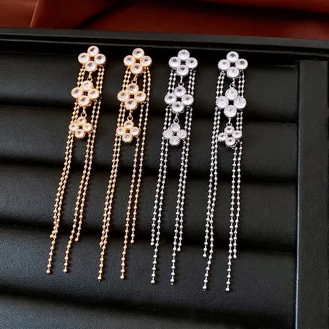 Boucles Oreilles Pampilles Fleurs Zircon Cuivre Avec Tige En Argent Plaqué Or 18K Bijoux Luxe Vintage Pour Femmes