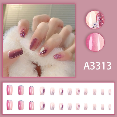 Short Square Round Press On Nails Pink Purple Gradient Glitter Sequins Heart Pattern Sweet Dreamy Artificial Fake Nails
