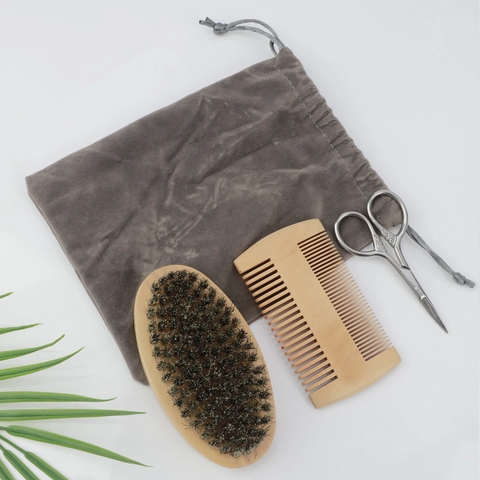 Men Beard Grooming Boar Bristle Brush Wood Comb Stainless Steel Scissors Velvet Bag Professional Personal Care Tools