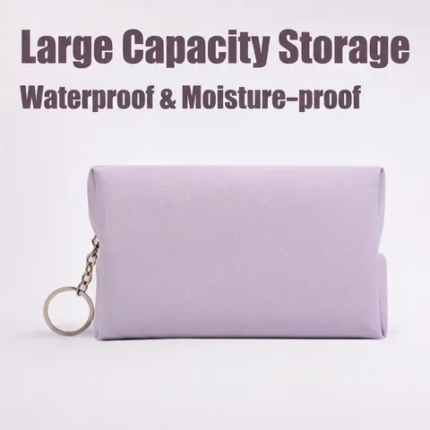 Portable PU Leather Makeup Bag Waterproof Solid Color Travel Toiletry Storage Pouch With Round Ring Zipper For Women