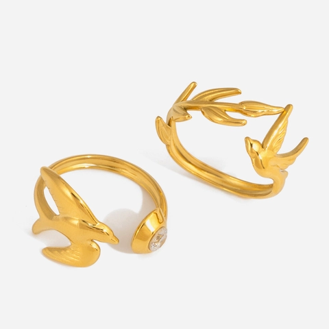Anello Aperto in Acciaio Inossidabile con Uccello Vintage per Donna Placcato in Oro 18K Strass Intarsiato Regolabile Foglia di Rondine Gioielli