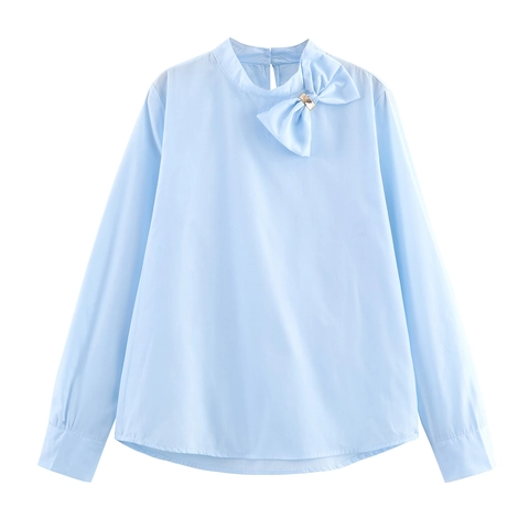 Damen Bluse Einfarbig Polyester Langarm Stehkragen Schleife Dekor Pendler Süß Elegant Büro Dame Oberteil Hemd
