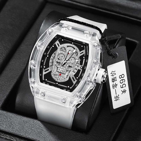 Reloj de Hombre Transparente Forma Tonel Esfera Calavera Diamantes Imitación Correa Silicona Luminoso Impermeabile Cuarzo Sport