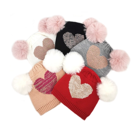 Kinder Mädchen Winter Strickmütze Doppelbommel Herzmuster Warm Acryl Rippstrick Kappe Süß