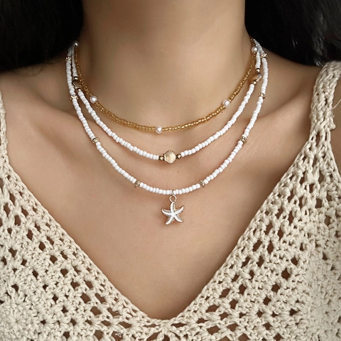 Starfish Shell Pendant Layered Necklace Bracelet Anklet Waist Chain Ocean Beach Summer Style Alloy Beads Faux Artificial Pearl