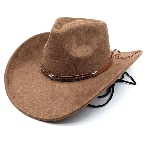 Western Cowboy Hat Suede Fabric Wide Brim With Star Rivets Leather Belt Adjustable Drawstring Outdoor Travel Fashion