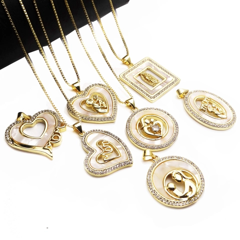 Mother's Day Gold Copper Zirconia Heart Pendant Necklace For Women Mother Of Pearl Mom Love Religious Virgin Mary Jewelry