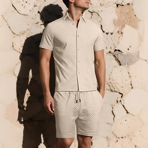 Tenue De Vacances Décontractée Pour Hommes Chemise Et Short Jacquard Géométrique Texturé Boutonné Manches Courtes