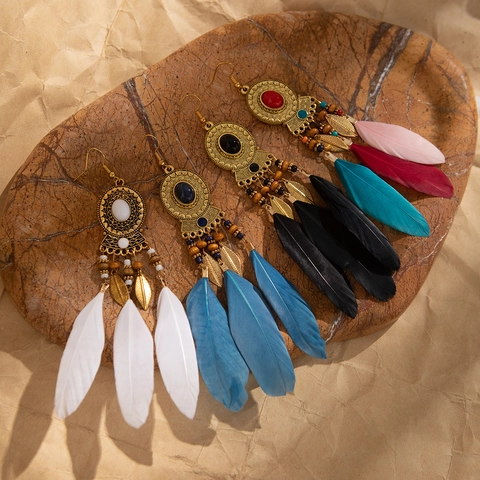 Bohemian Drop Earrings Alloy With Feather Tassel Beads Vintage Ethnic Style For Women With Stainless Steel Earring Post
