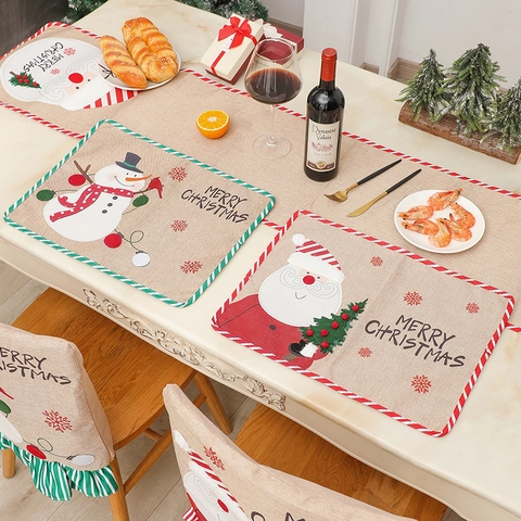 Christmas Placemats Burlap Texture Table Decor Santa Claus Snowman Pattern Festive Dining Restaurant Home Party Style