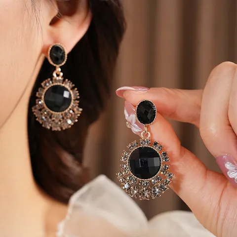 Orecchini A Fiore Vintage Con Gemma Nera Sfaccettata Strass Lega E Perni In Argento Donna Elegante Retrò Lusso