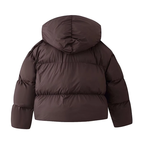 Damen Steppjacke Mit Kapuze Poly-Baumwolle Wattierter Mantel Mit Schal Druckknopf Einfarbig Kurzparka Braun