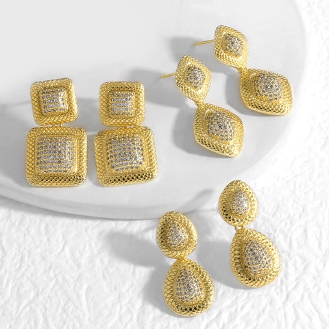 Pendientes De Botón De Cobre Geométricos Con Pavé De Circón Doble Capa Cuadrado Gota De Agua Chapado En Oro Joyería De Lujo Mujer