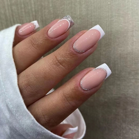 French Tip Press On Nails Square Nude Pink With White Edge And Silver Glitter Minimalist Artificial False Nails For Women