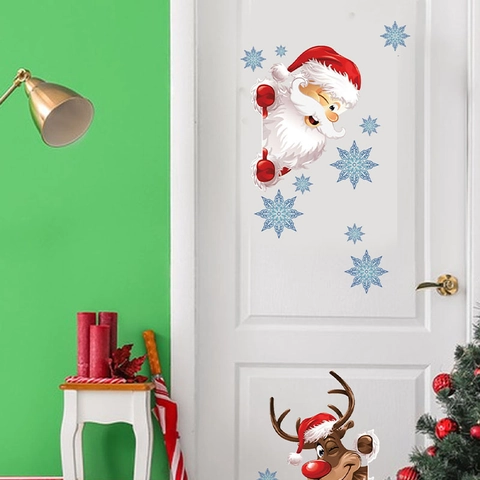 Santa Claus Reindeer Christmas Wall Stickers PVC Self Adhesive Cartoon Holiday Background Festive Window Door Decals