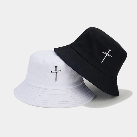 Unisex Baumwolle Anglerhut Streetwear Mode Bestickt Kreuz Nagel Muster Sonnenschutz Fischerhut Flache Krone Outdoor