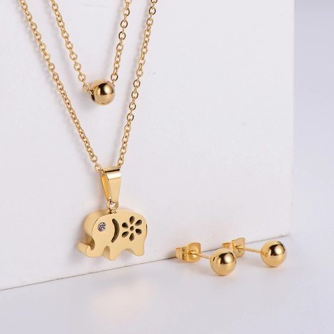 Collana Con Ciondolo A Elefante A Doppio Strato In Acciaio Inossidabile E Orecchini A Lobo Con Perle E Strass Per Donna