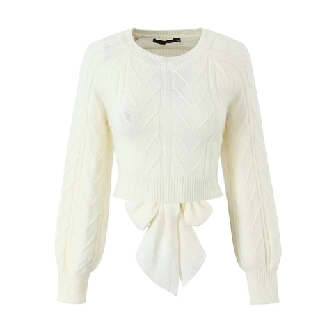 Women Cable Knit Cropped Sweater Open Back Large Bow Lace Up Long Sleeve Casual Fashion Elegant Knitwear Top