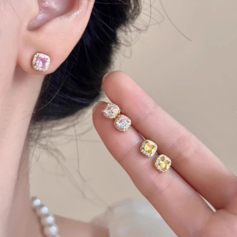 Luxury Square Rhinestone Stud Earrings For Women Copper Geometric Halo Earring With 925 Sterling Silver Earring Post Jewelry
