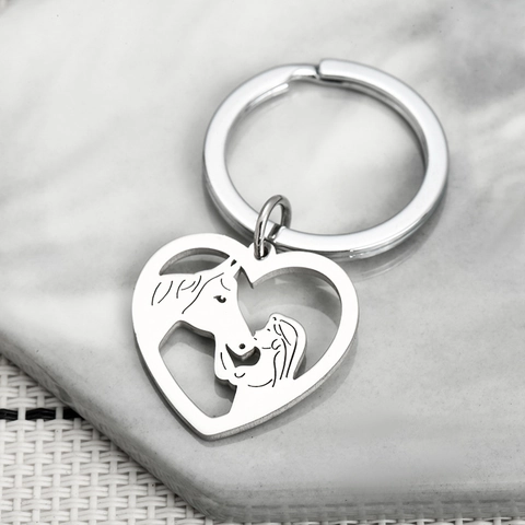 Portachiavi In Acciaio Inossidabile A Forma Di Cuore Con Design Cavo Ragazza E Cavallo Ciondolo Silhouette Argento
