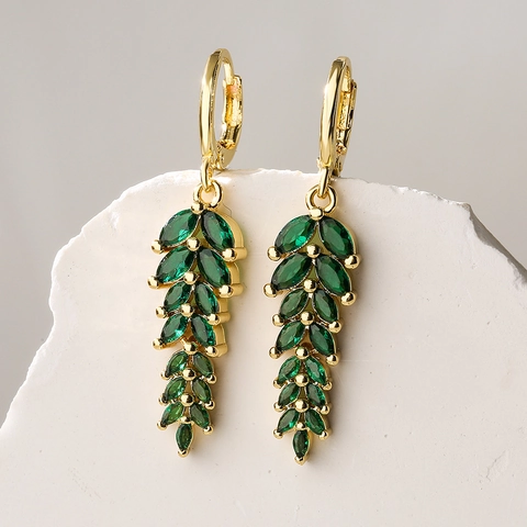 Wheat Ear Dangle Earrings Copper 18K Gold Plated Colorful Marquee Cubic Zirconia Leaf Jewelry For Women