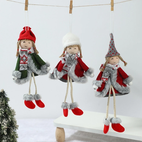 Christmas Hanging Ornaments Knit Plush Angel Girl Santa Claus Doll Pendants Long Legs Scarf Tree Decor Nordic Style