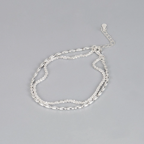 Double Layer 925 Sterling Silver Bracelet For Women Gypsophila Rice Bead Layered Minimalist Korean Style Adjustable