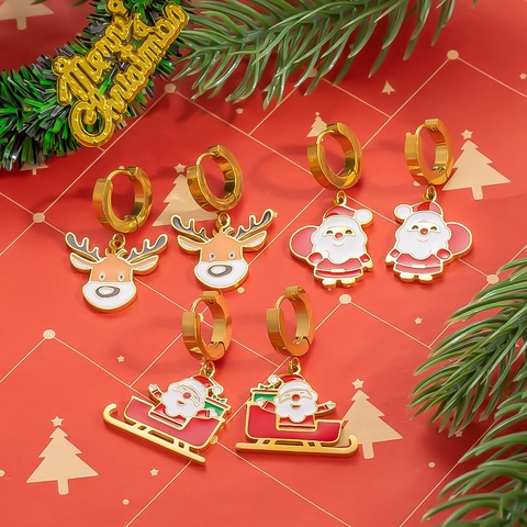 Gioielli Di Natale Acciaio Inossidabile Placcato Oro 18K Smalto Babbo Natale Renna Slitta Collana Pendenti Per Feste
