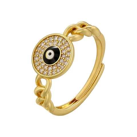 Trendy Copper 18K Gold Plated Evil Eye Open Ring For Women Adjustable Rhinestone Inlaid Braided Chain Band Finger Ring Jewelry