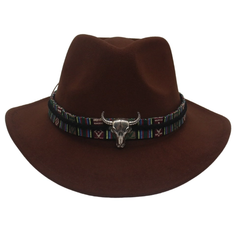 Western Cowboy Hat Wool Felt With Bull Head Skull And Ethnic Woven Band Retro Fedora For Outdoor Adventure