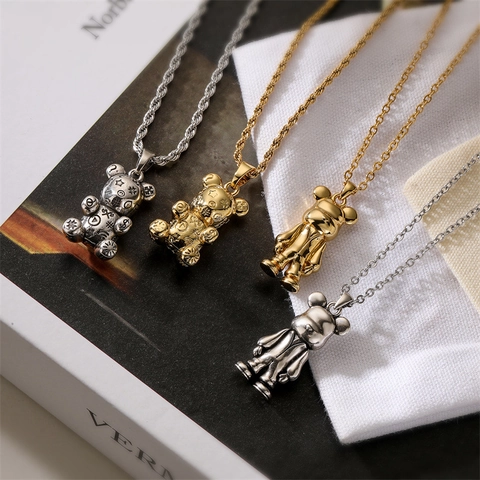 Collier Pendentif Ours Hip Hop Cuivre Plaqué Or Argent Strass Zircon Animal 3D Graffiti Bijoux Pour Hommes Femmes