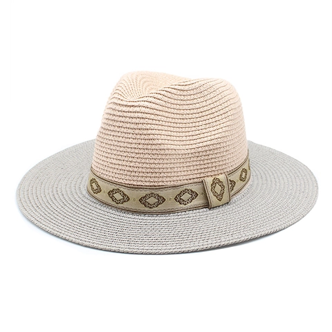 Stroh Fedora Panama Sonnenhut Zweifarbig Breitkrempig Atmungsaktiv Sommer Strand Urlaub Mit Geometrischem Band Für Damen Herren