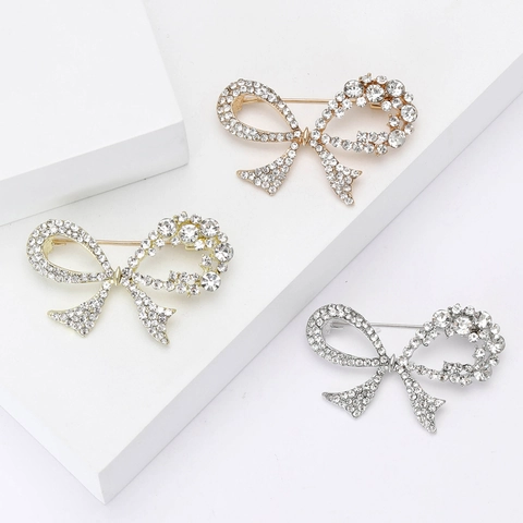 Broche Nœud Élégante Alliage Strass Bijoux De Mode Pour Femmes Accessoire De Costume Manteau Robe