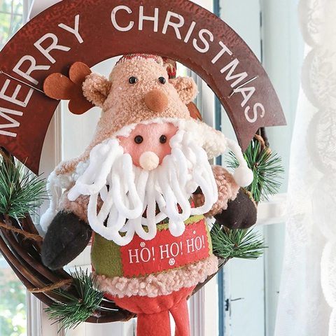 Couronne De Noël Suspension Porte Père Noël Bonhomme De Neige Peluche Tricot Vigne Décoration Fenêtre Ornement