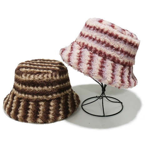 Plush Bucket Hat Faux Fur Warm Winter Gradient Striped Fisherman Cap For Women Casual Outdoor Chic Accessory