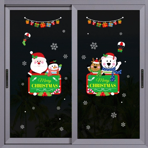 Vrolijk Kerstfeest Vensterstickers Kerstman Sneeuwpop Rendier Ijsbeer PVC Muurstickers Voor Winkel Glasdeur Huis Decoratie