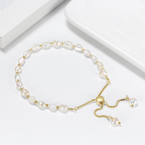 Bracelet Perles Eau Douce Baroque Argent Sterling 925 Fermoir Coulissant Réglable Bijoux Mode Minimaliste Élégant Femmes