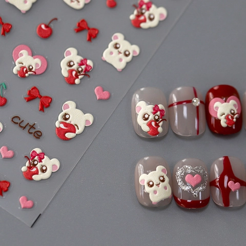 Stickers Ongles Relief 5D Motif Hamster Cerise Coeur Noeud Auto Adhésif Stéréoscopique Décoration Manucure DIY