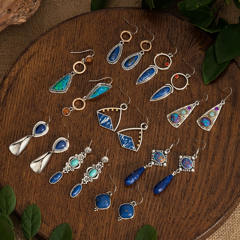 Vintage Böhmische Geometrische Ohrhänger Zinklegierung Türkis Lapislazuli Naturstein Ethnischer Schmuck Für Damen